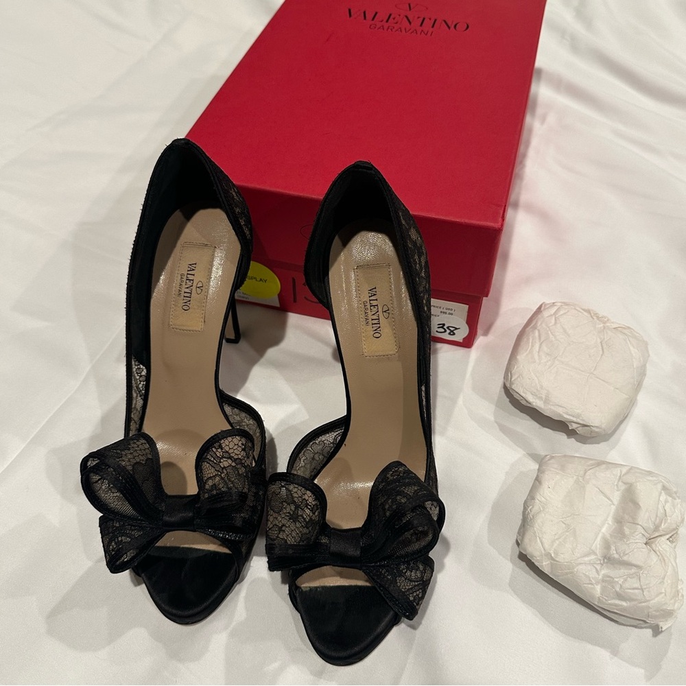 Valentino D’Orsay Black Lace Bow Heels Size 38